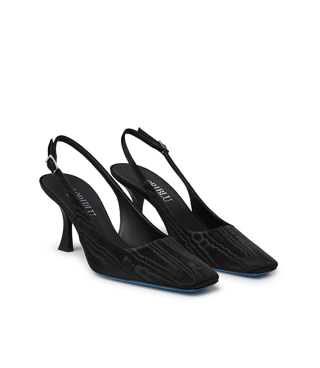 Black moiré fabric slingback pumps