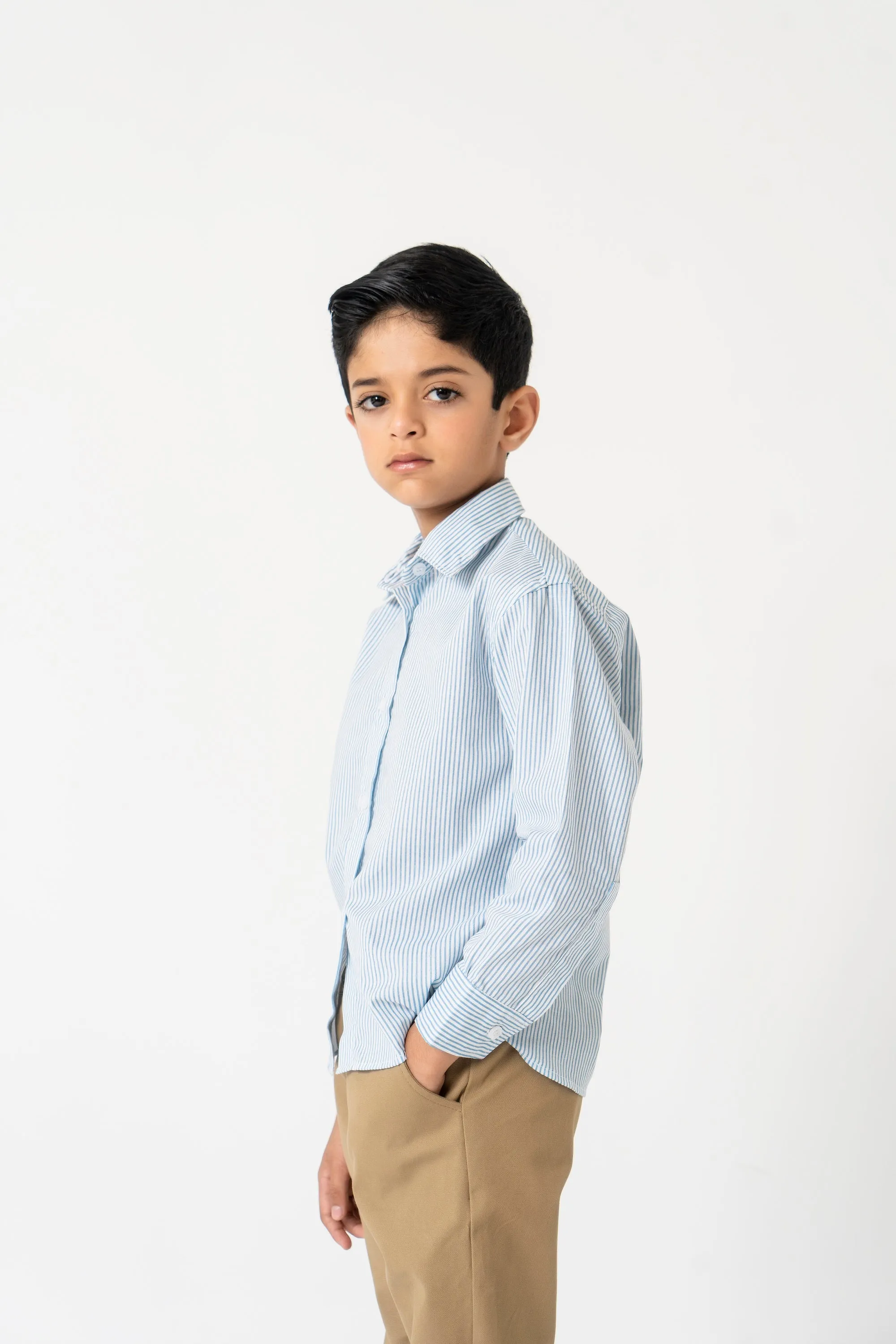 Boys Full Sleeves Button down shirt - Sky Blue White Striped