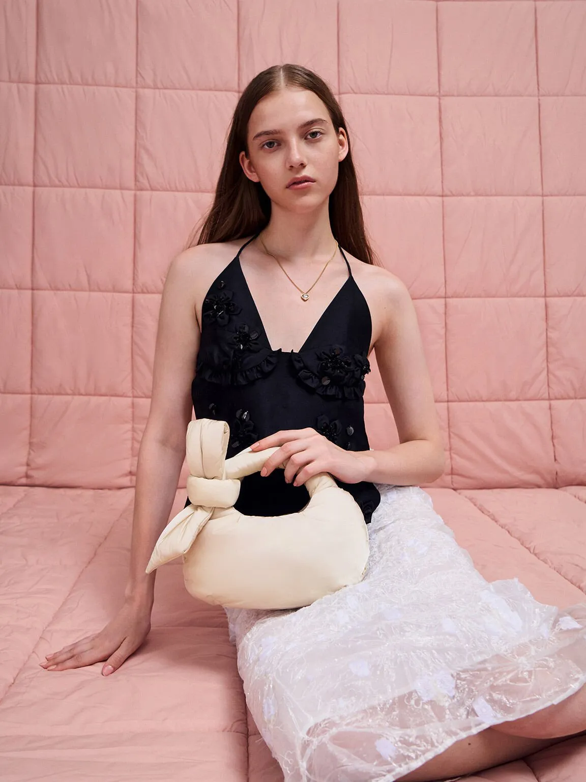 Delilah Nylon Bow Puffy Bag - Oat