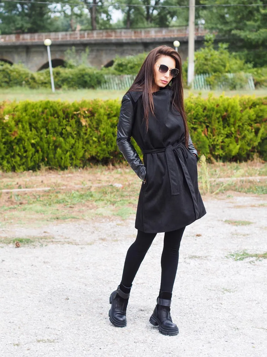 Extravagant long coat,Women trench coat,Black Long coat, Women leather coat, Black long coat women,Trench coat Women