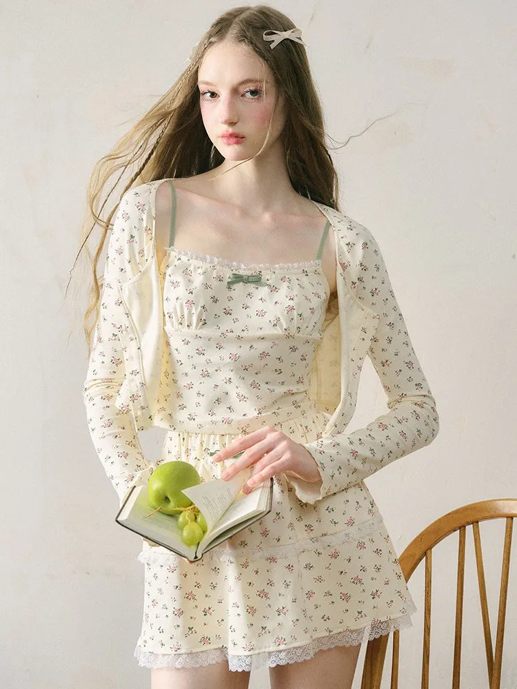 French Floral Girly Camisole ＆ Cropped Cardigan ＆ Skirt