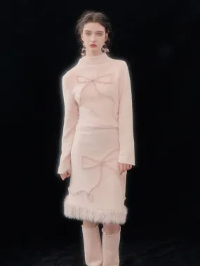 Furry Sleeveless & Half-Turtle Collar Knitted  Shirt & Skirt