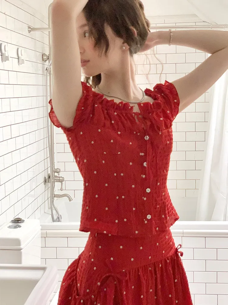 Girly Flower Print Gather Short Top & Short Skirt
