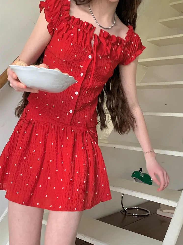 Girly Flower Print Gather Short Top & Short Skirt