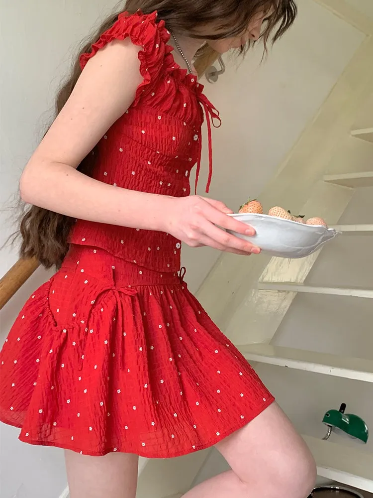 Girly Flower Print Gather Short Top & Short Skirt