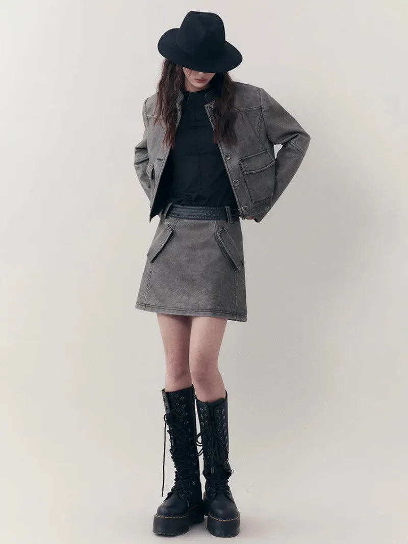 Leather Casual Handsome Set-Up Jacket＆Mini-Skirt