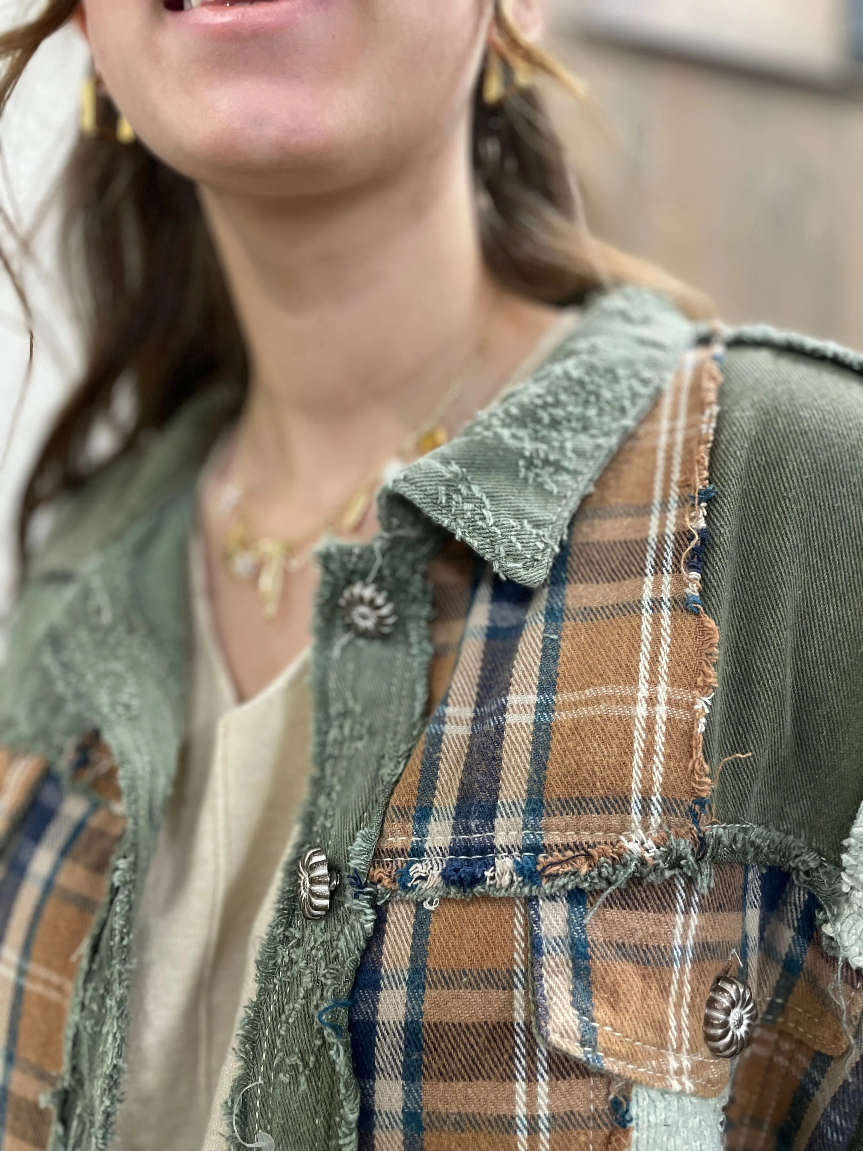 Mixed Materials | Frayed Edge Jacket | Olive
