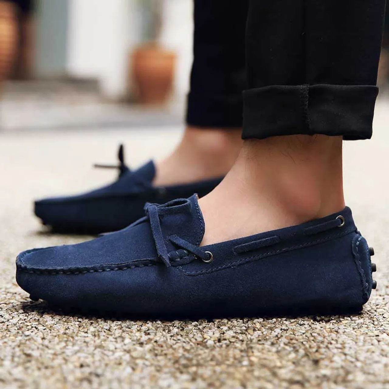 Navy lace tie on top suede slip on shoe loafer