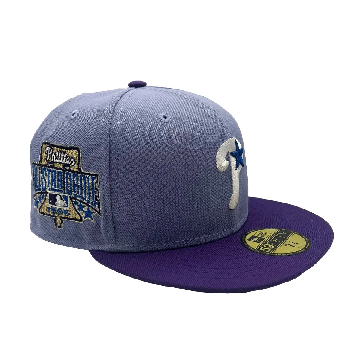 New Era Mens MLB Philadelphia Phillies Retro Script All Star Game 1996 59Fifty Fitted Hat 70802234 Lavender Deep, Grey Underviso