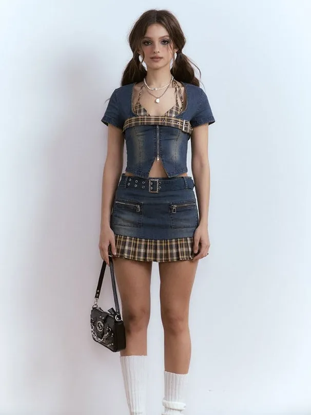 Plaid Bra＆ Denim ZIP-up Top ＆ Pleated Skirt