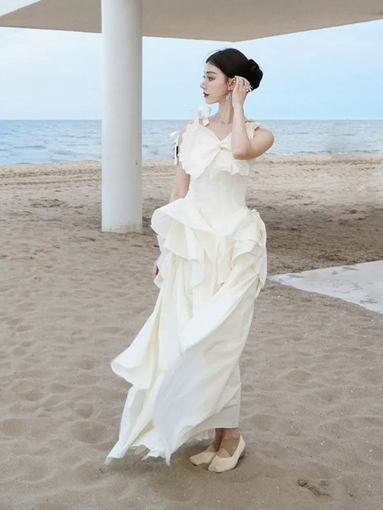 Pleats Layered Flare Shouder-Ribbon Tops Dress