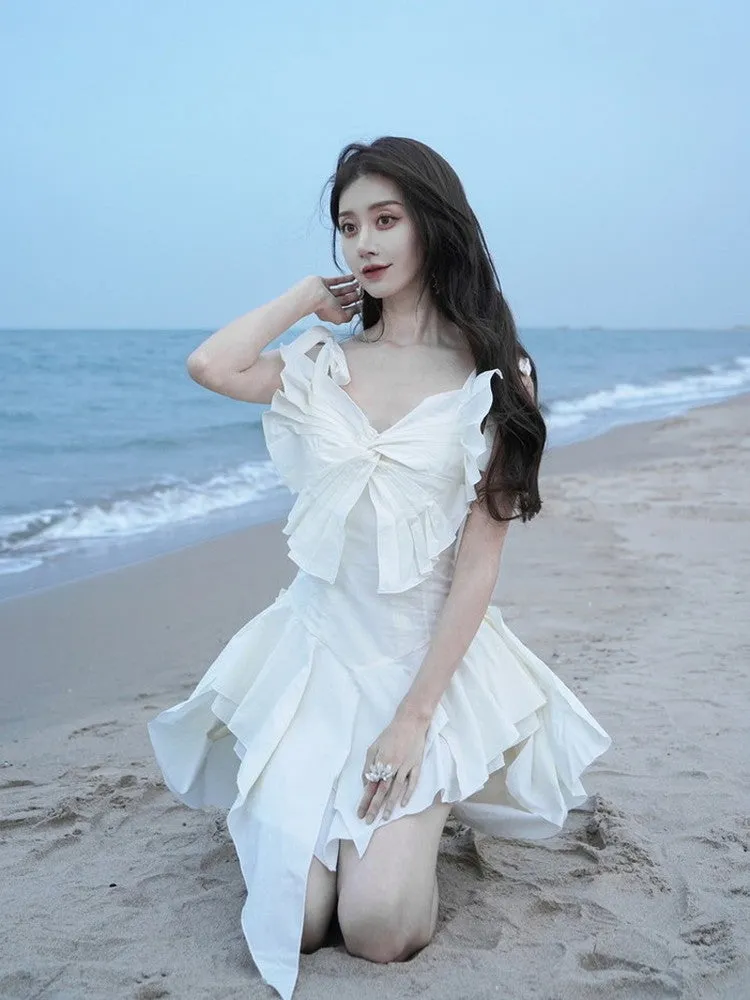 Pleats Layered Flare Shouder-Ribbon Tops Dress
