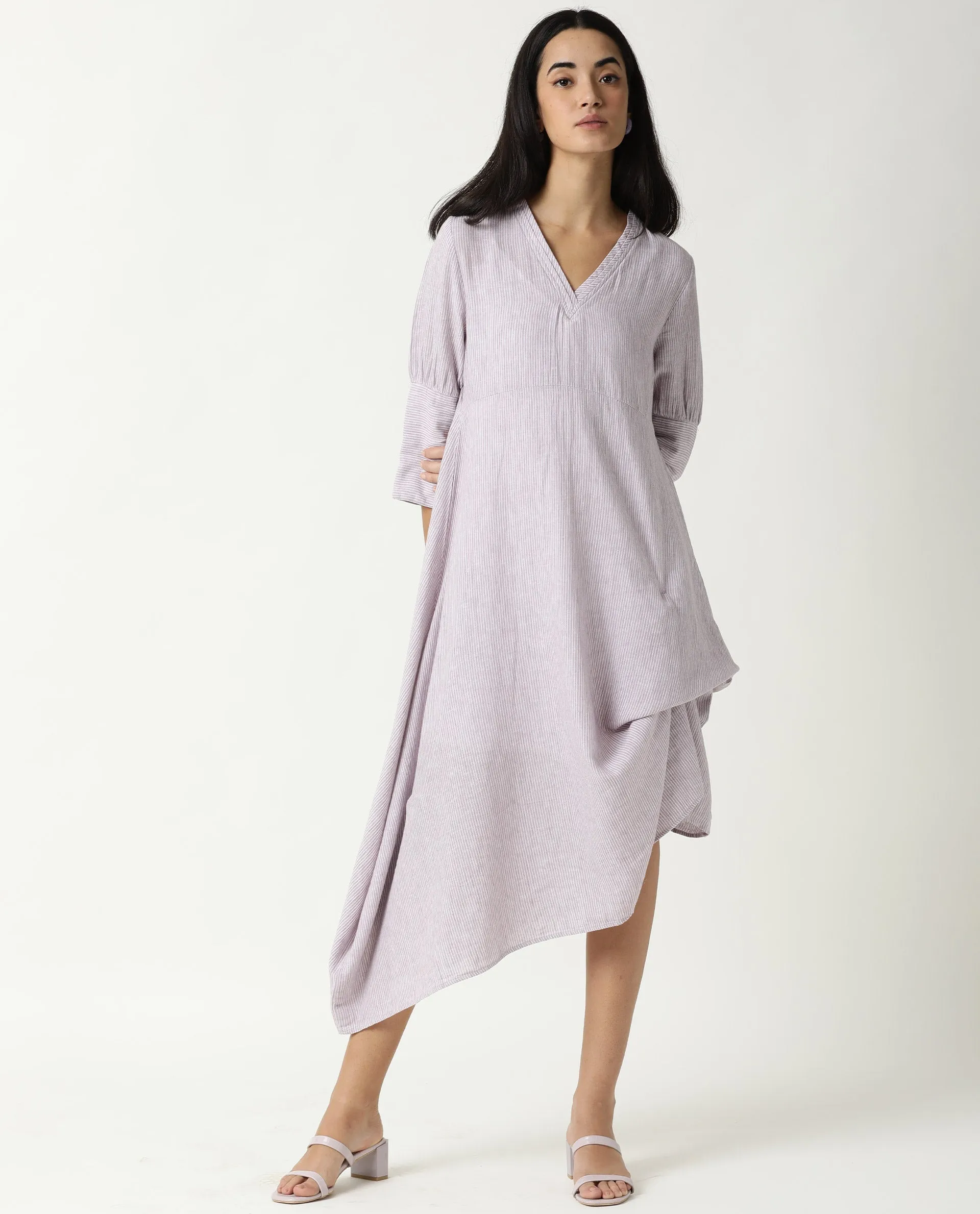 Rareism Women Astrid Pastel Purple V Neck 3/4 Sleeves Asymmetric Knee Length Dress
