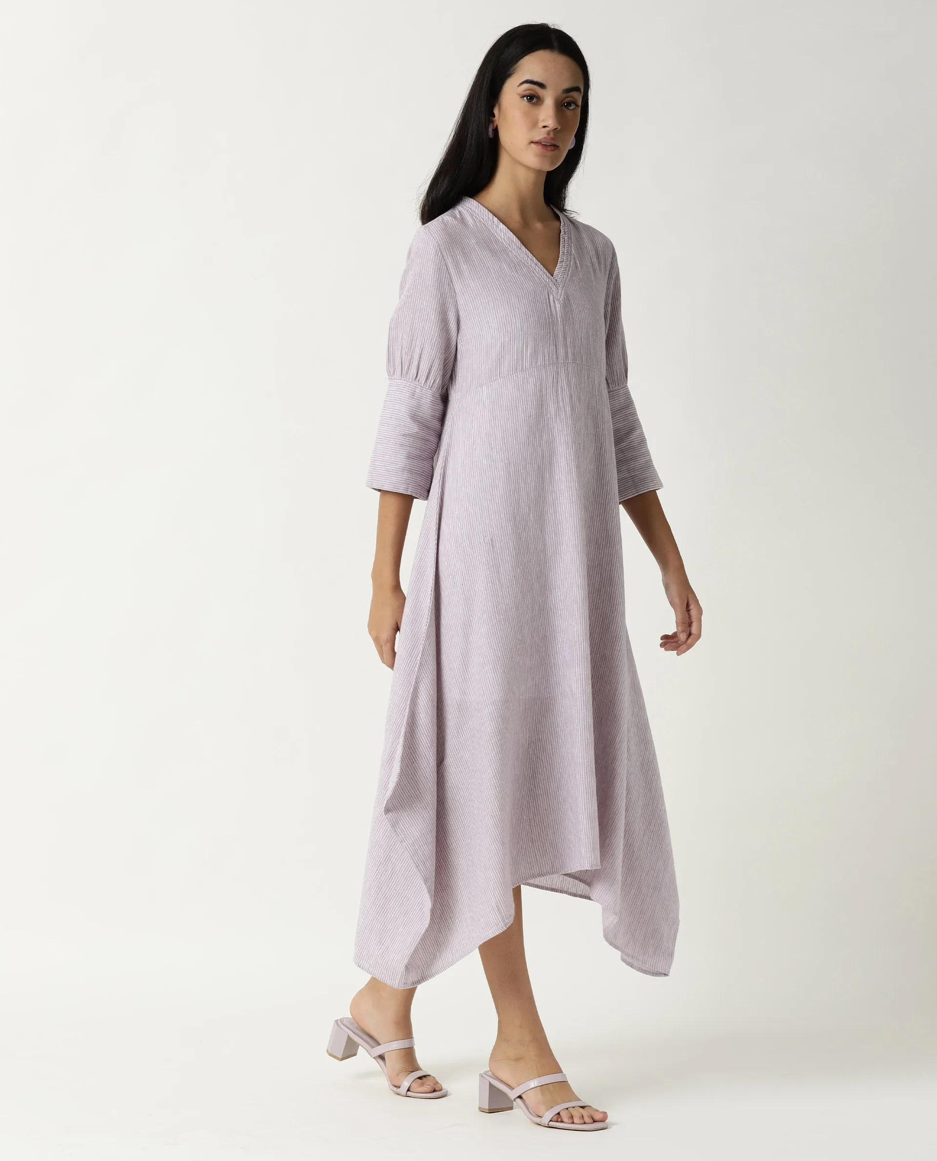 Rareism Women Astrid Pastel Purple V Neck 3/4 Sleeves Asymmetric Knee Length Dress