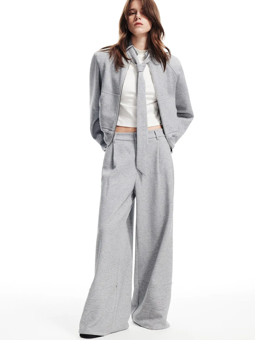 Sweat Casual Tie Plain Stand-Collar Set-Up Tops＆Pants