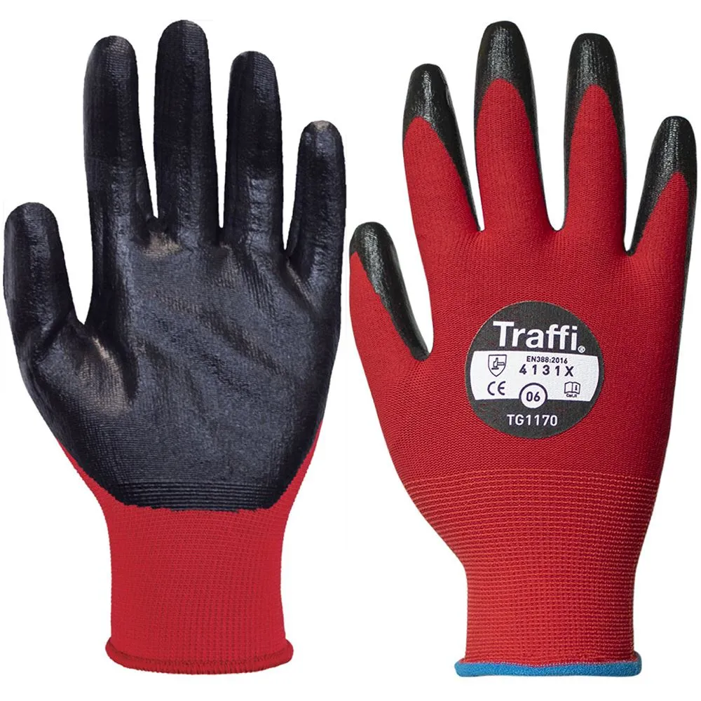 TraffiGlove TG1170 X-Dura Flat Nitrile Palm Coated Red Gloves - 15g Cut Level 1