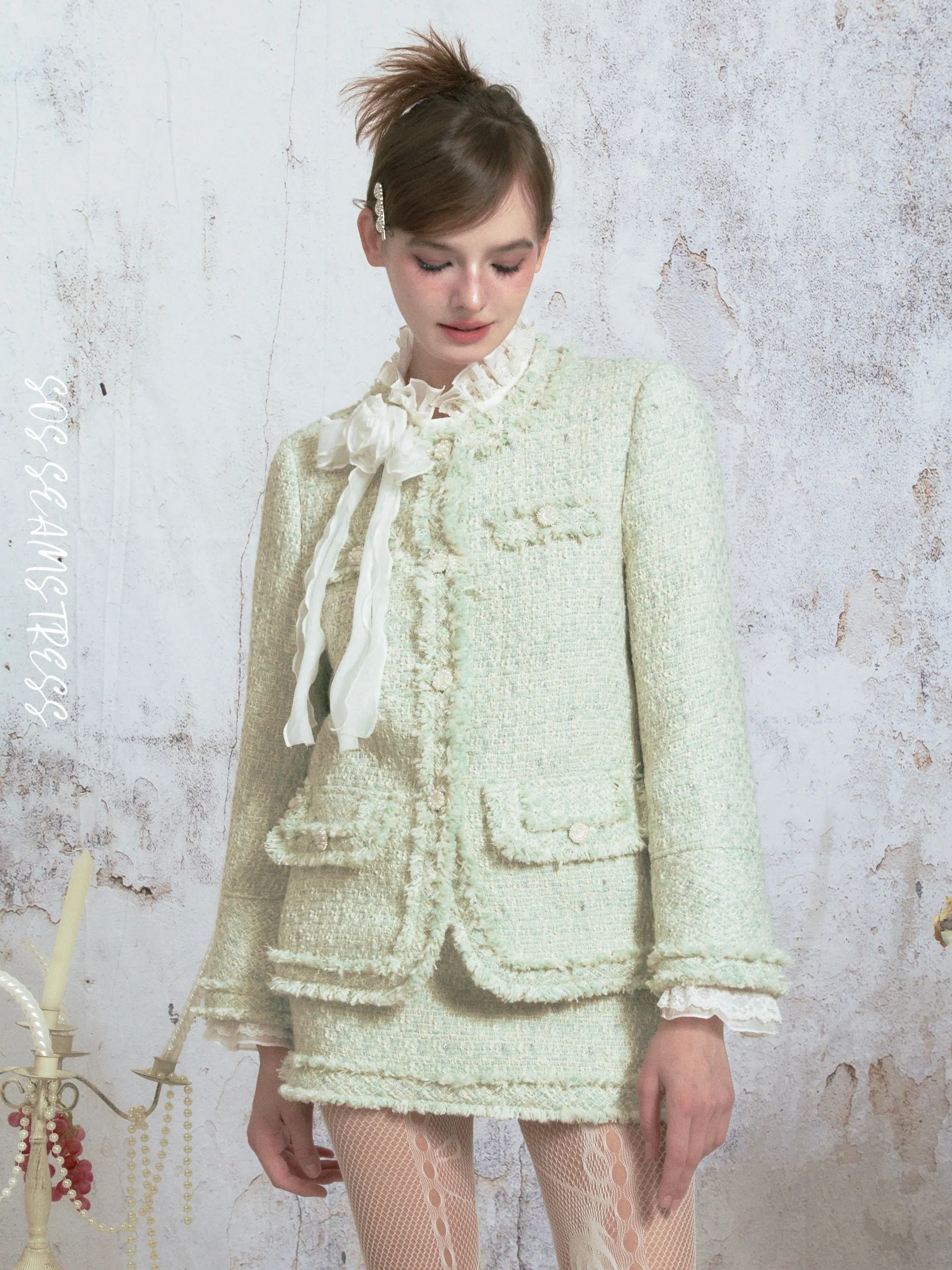 Tweed Raw Edge Camellia Jacket & Skirt